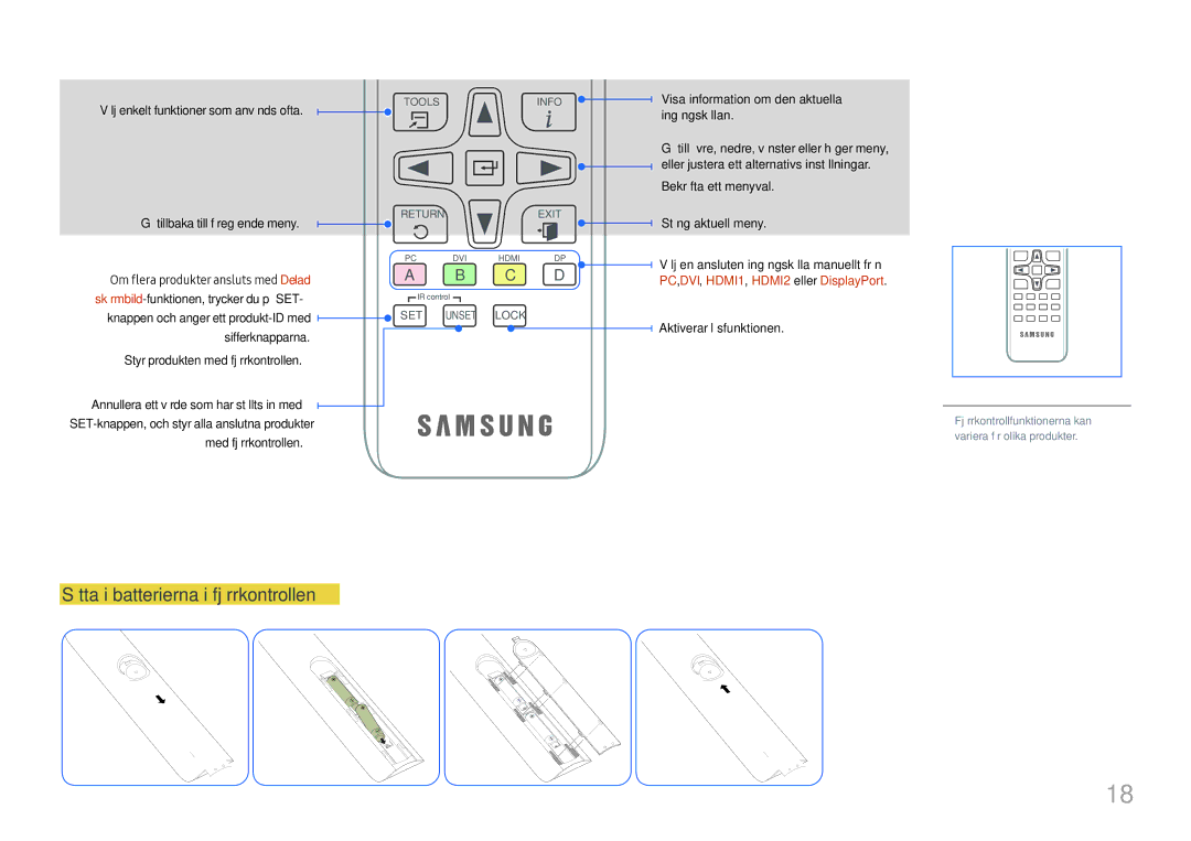 Samsung LH46UHFCLBB/EN manual Sätta i batterierna i fjärrkontrollen, PC, DVI, HDMI1, HDMI2 eller DisplayPort 