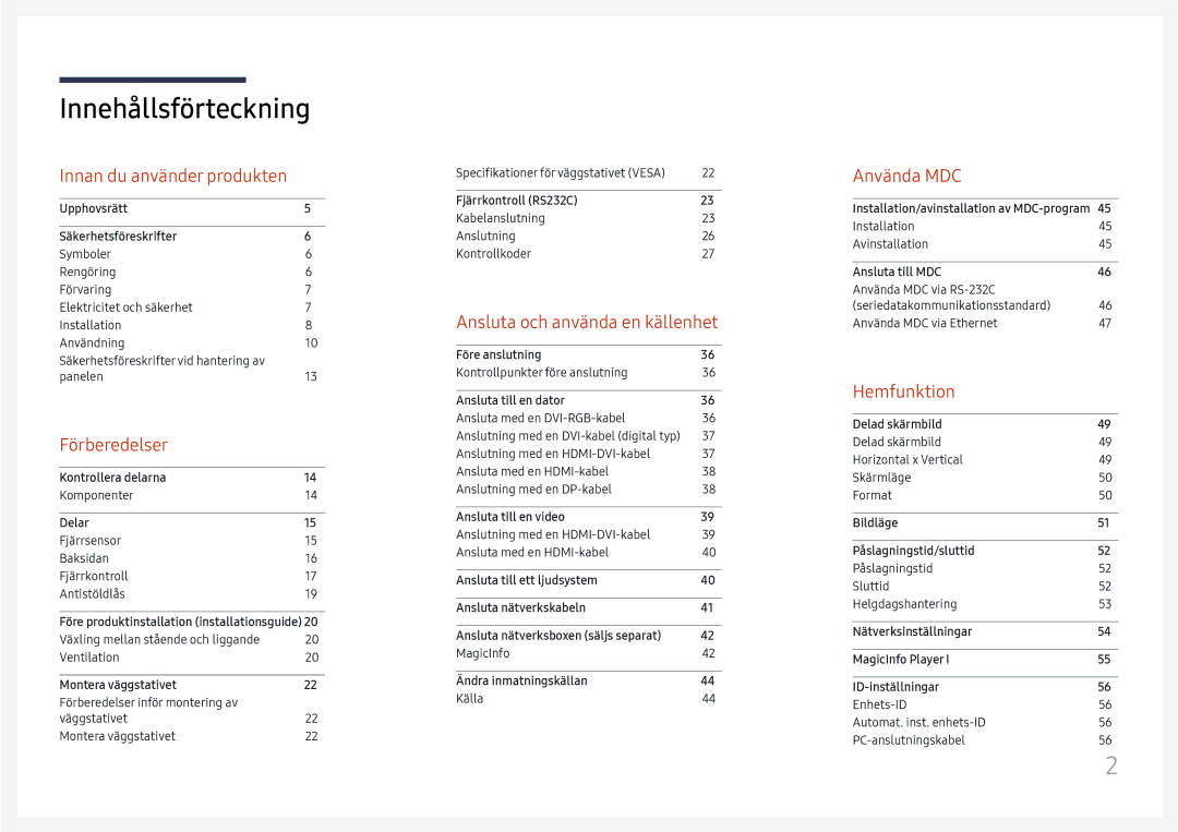 Samsung LH46UHFCLBB/EN manual Innehållsförteckning 