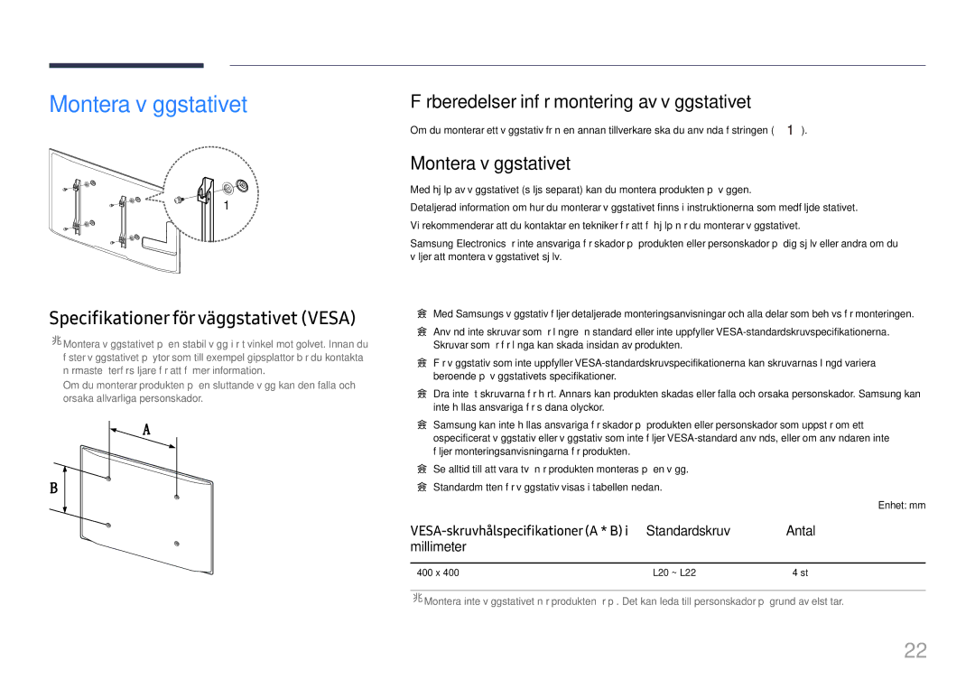 Samsung LH46UHFCLBB/EN manual Montera väggstativet, Specifikationer för väggstativet Vesa 