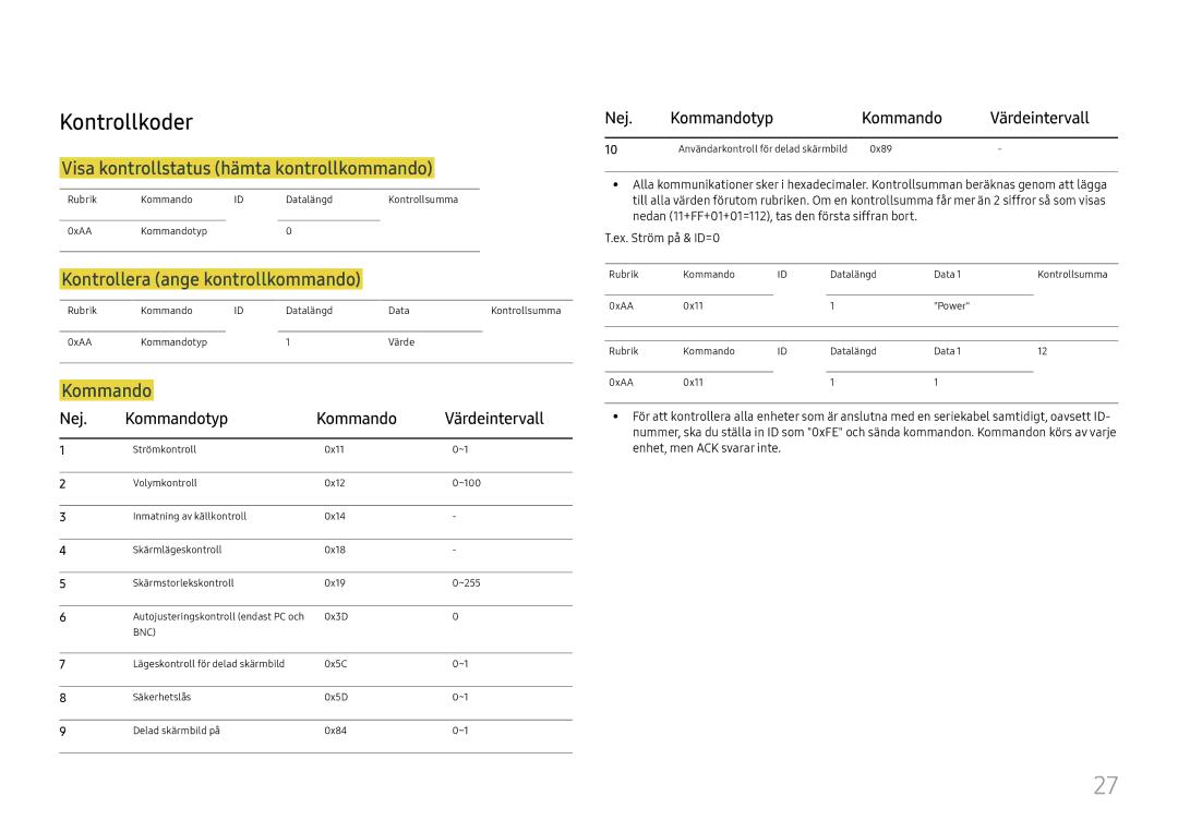 Samsung LH46UHFCLBB/EN manual Kontrollkoder, Visa kontrollstatus hämta kontrollkommando, Kontrollera ange kontrollkommando 