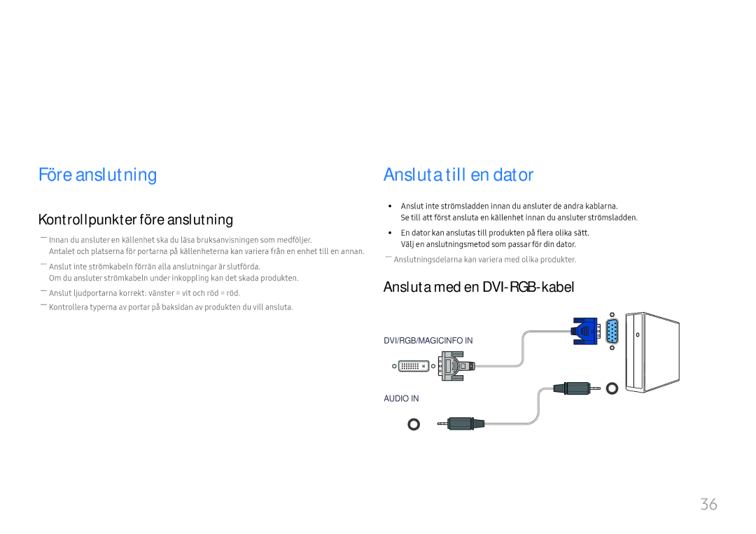 Samsung LH46UHFCLBB/EN manual Ansluta och använda en källenhet, Före anslutning, Ansluta till en dator 