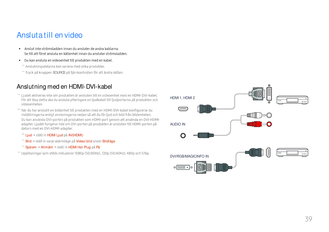 Samsung LH46UHFCLBB/EN manual Ansluta till en video, ――Ljud → ställ in Hdmi Ljud på Avhdmi 