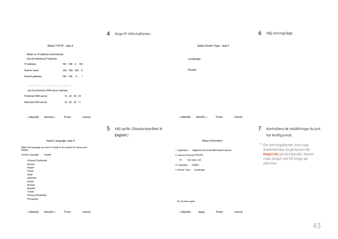 Samsung LH46UHFCLBB/EN manual Ange IP-informationen Välj språk. Standardspråket är English 