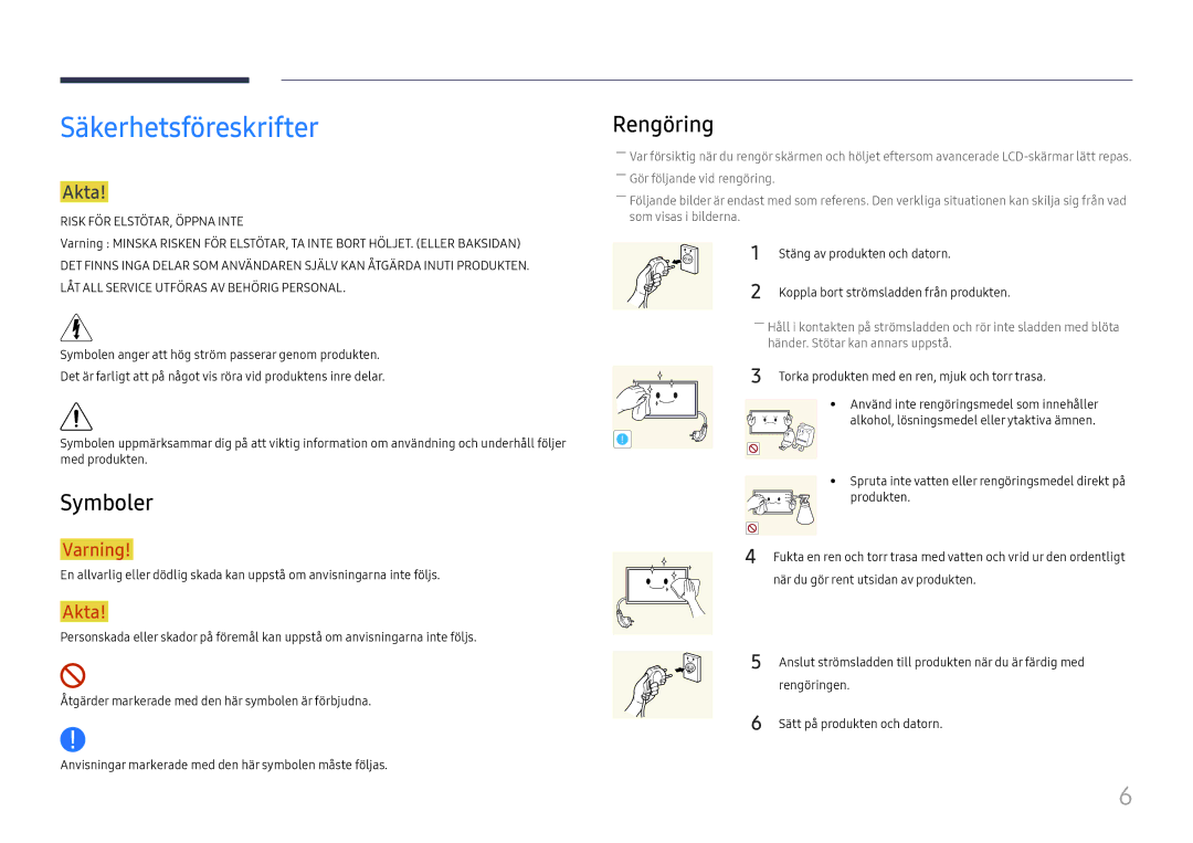 Samsung LH46UHFCLBB/EN manual Säkerhetsföreskrifter, Symboler, Rengöring, Akta, Stäng av produkten och datorn 