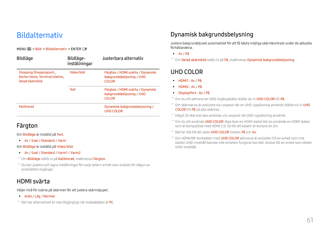 Samsung LH46UHFCLBB/EN manual Bildalternativ, Färgton, Hdmi svärta, Dynamisk bakgrundsbelysning 