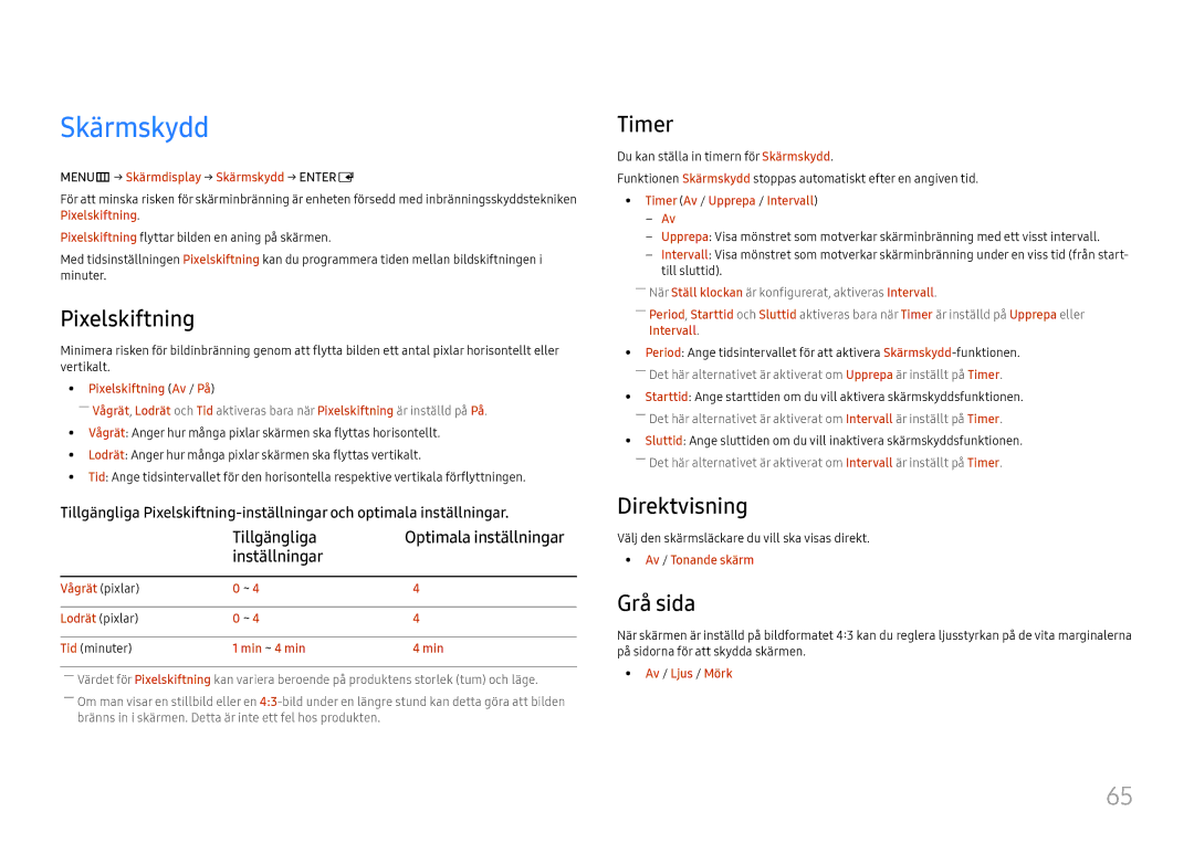 Samsung LH46UHFCLBB/EN manual Skärmskydd, Pixelskiftning, Timer, Direktvisning, Grå sida 