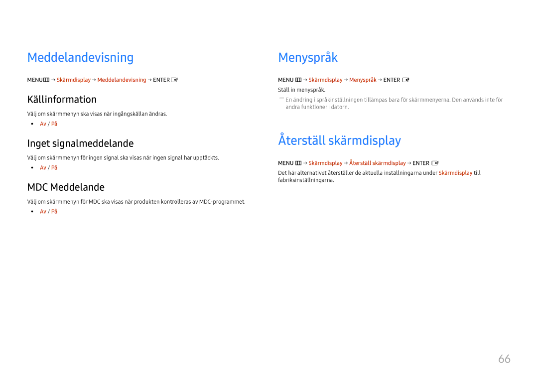 Samsung LH46UHFCLBB/EN manual Meddelandevisning, Menyspråk, Återställ skärmdisplay 