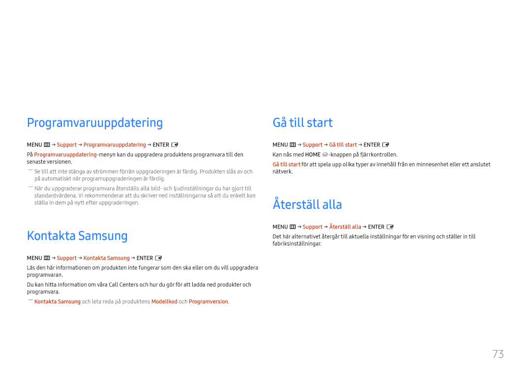 Samsung LH46UHFCLBB/EN manual Support, Programvaruuppdatering, Kontakta Samsung, Gå till start, Återställ alla 