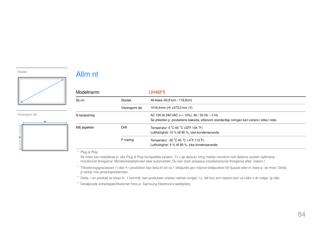 Samsung LH46UHFCLBB/EN manual Specifikationer, ModellnamnUH46F5 