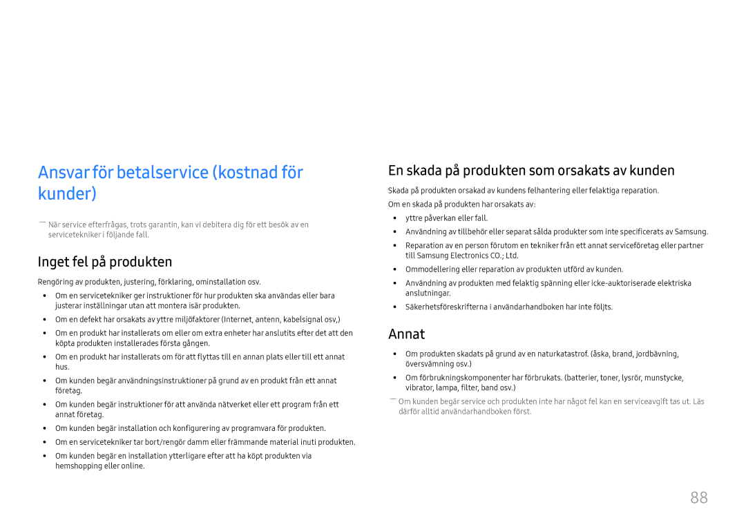 Samsung LH46UHFCLBB/EN manual Appendix, Ansvar för betalservice kostnad för kunder, Inget fel på produkten, Annat 