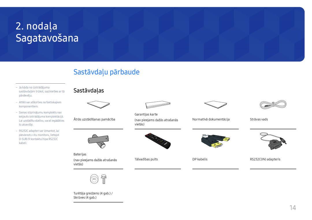 Samsung LH46UHFCLBB/EN manual Sagatavošana, Sastāvdaļu pārbaude, Sastāvdaļas, Garantijas karte Ātrās uzstādīšanas pamācība 