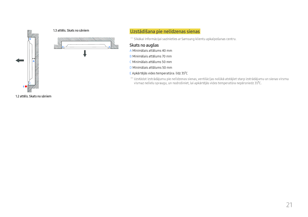 Samsung LH46UHFCLBB/EN manual Uzstādīšana pie nelīdzenas sienas, Skats no augšas 