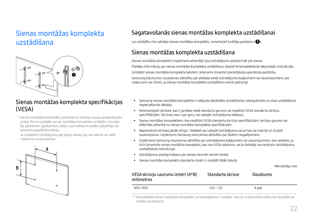 Samsung LH46UHFCLBB/EN manual Sienas montāžas komplekta uzstādīšana, Sienas montāžas komplekta specifikācijas Vesa 