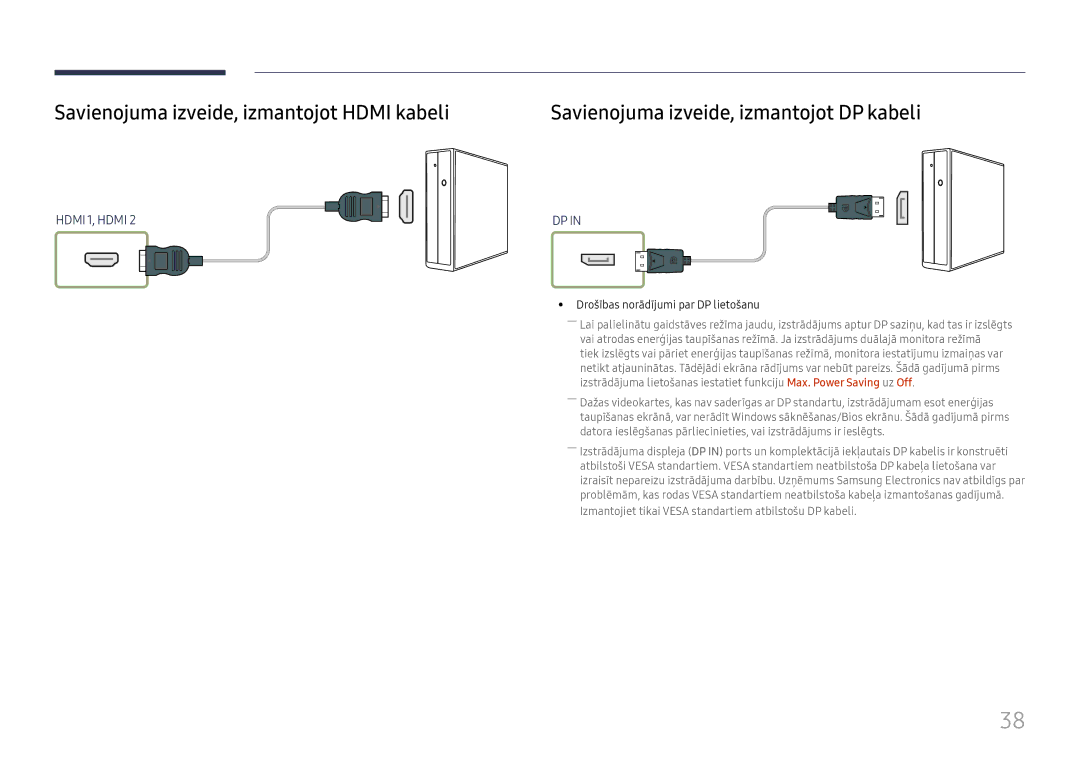 Samsung LH46UHFCLBB/EN manual Savienojuma izveide, izmantojot Hdmi kabeli, Drošības norādījumi par DP lietošanu 