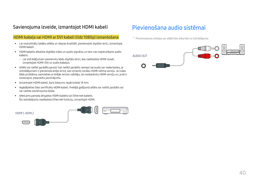 Samsung LH46UHFCLBB/EN manual Pievienošana audio sistēmai, Hdmi kabeļa vai Hdmi ar DVI kabeli līdz 1080p izmantošana 