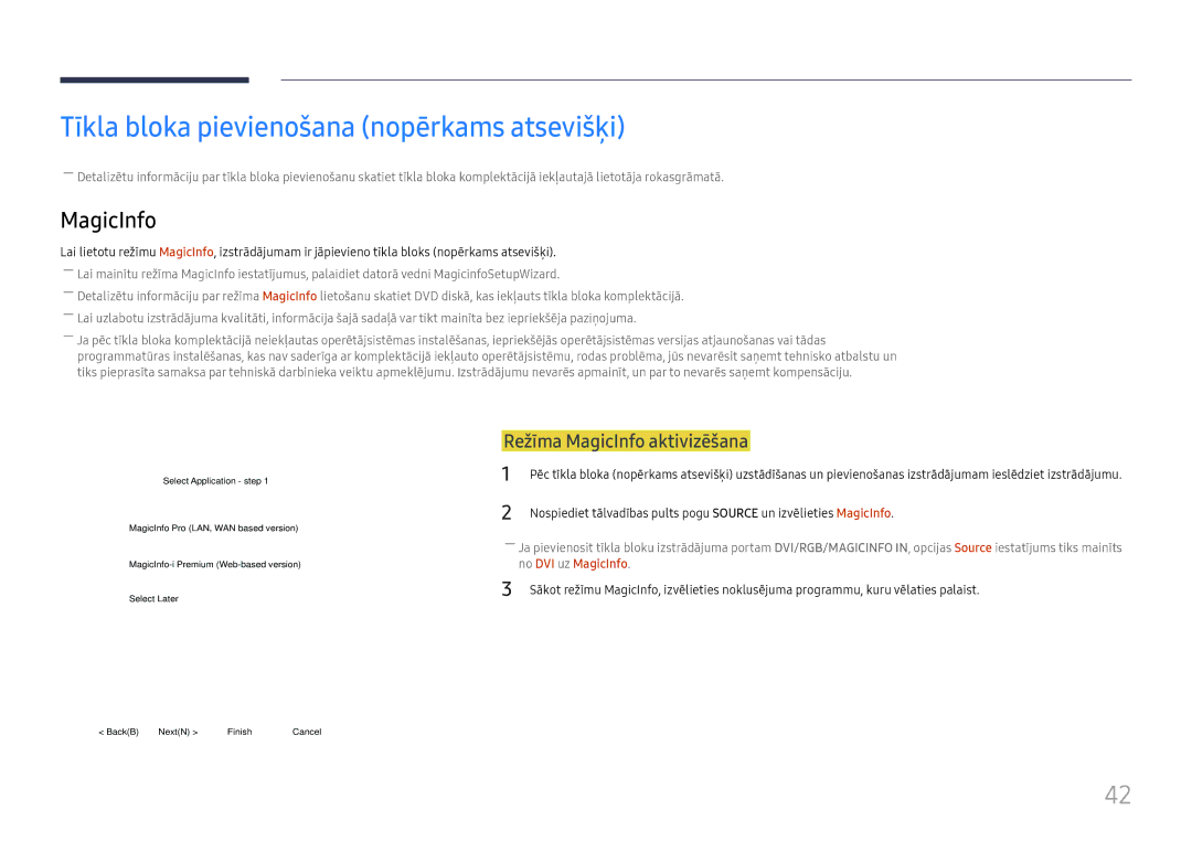 Samsung LH46UHFCLBB/EN manual Tīkla bloka pievienošana nopērkams atsevišķi, Režīma MagicInfo aktivizēšana 