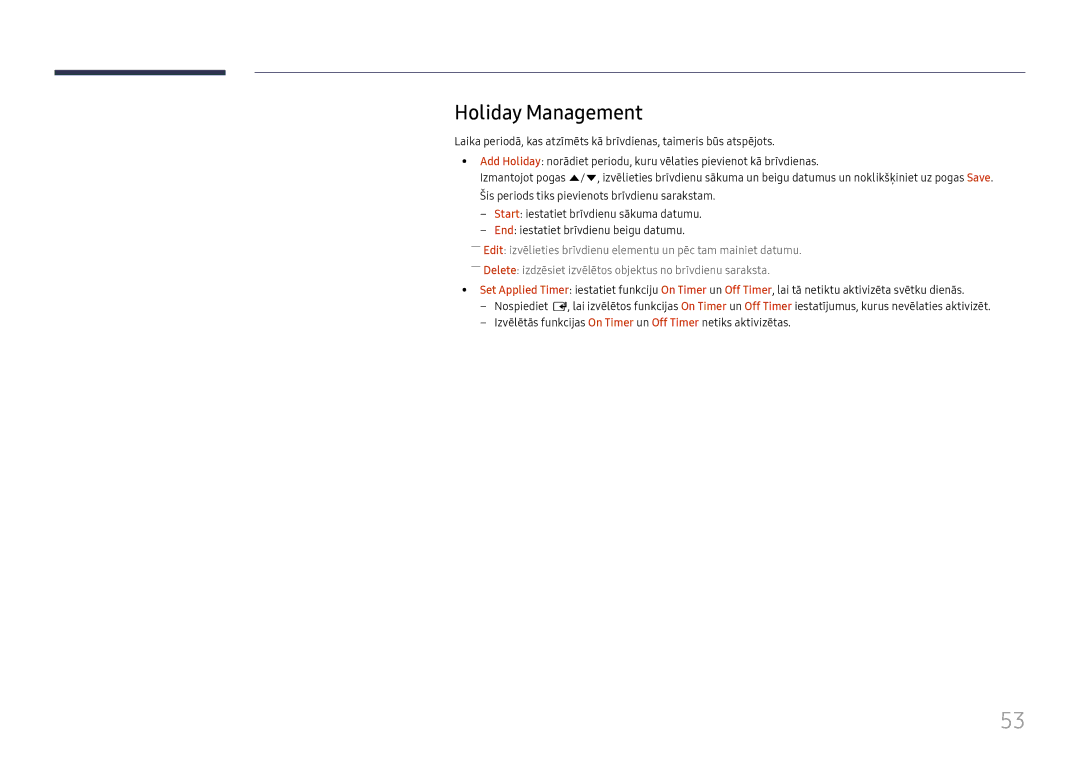 Samsung LH46UHFCLBB/EN manual Holiday Management 