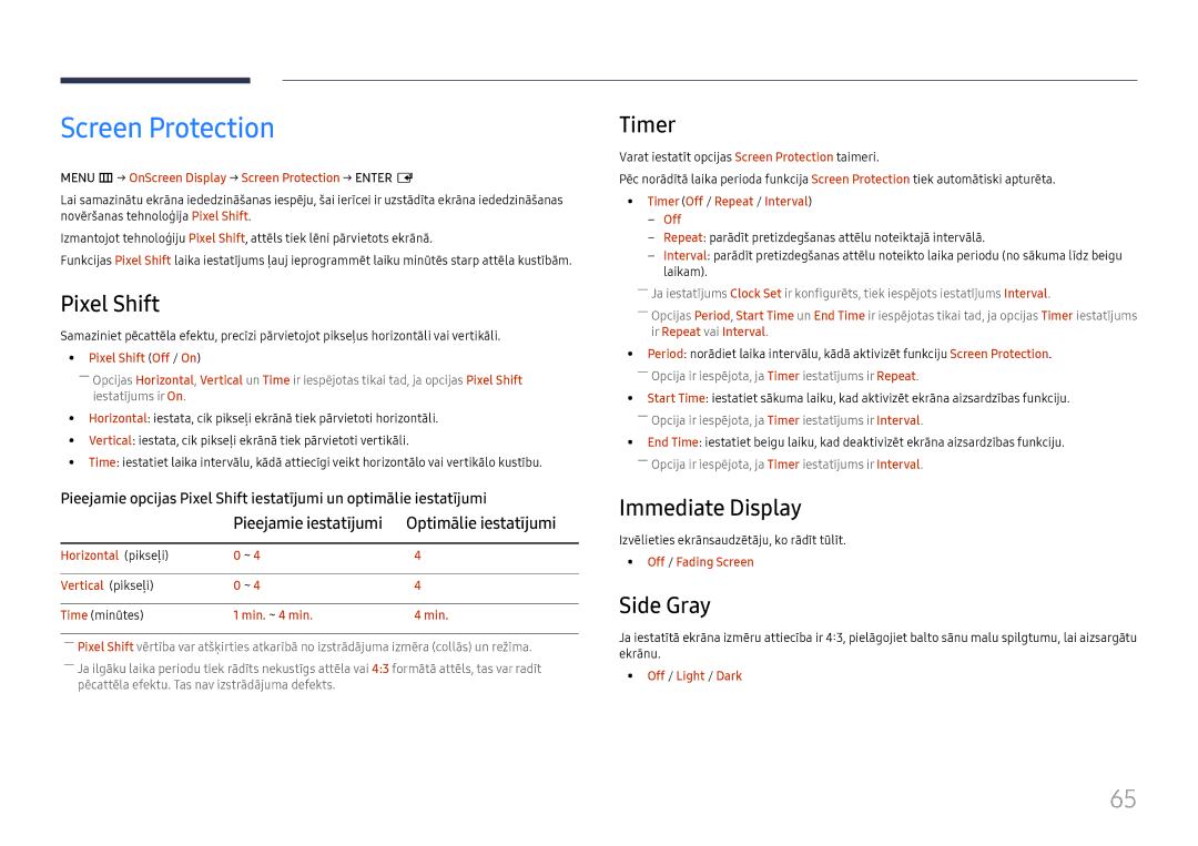 Samsung LH46UHFCLBB/EN manual Screen Protection, Pixel Shift, Timer, Immediate Display, Side Gray 