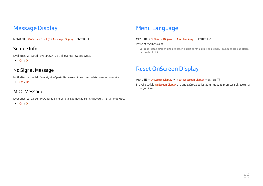 Samsung LH46UHFCLBB/EN manual Message Display, Menu Language, Reset OnScreen Display 