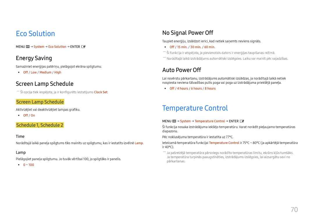 Samsung LH46UHFCLBB/EN manual Eco Solution, Temperature Control 