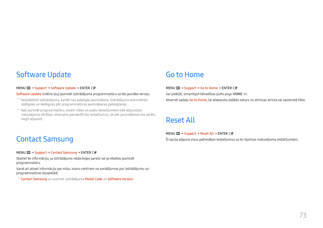 Samsung LH46UHFCLBB/EN manual Atbalsts, Software Update, Contact Samsung, Go to Home, Reset All 