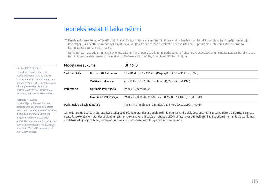 Samsung LH46UHFCLBB/EN manual Iepriekš iestatīti laika režīmi, Modeļa nosaukums UH46F5, @ 60 Hz, Maksimālā izšķirtspēja 