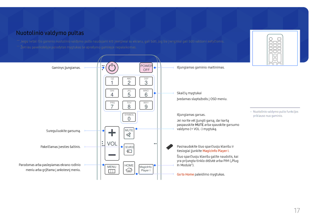 Samsung LH46UHFCLBB/EN manual Nuotolinio valdymo pultas, Gaminys įjungiamas Sureguliuokite garsumą 