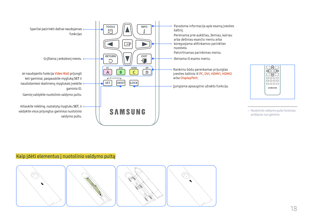 Samsung LH46UHFCLBB/EN manual Kaip įdėti elementus į nuotolinio valdymo pultą, Grįžtama į ankstesnį meniu, Valdymo pultu 