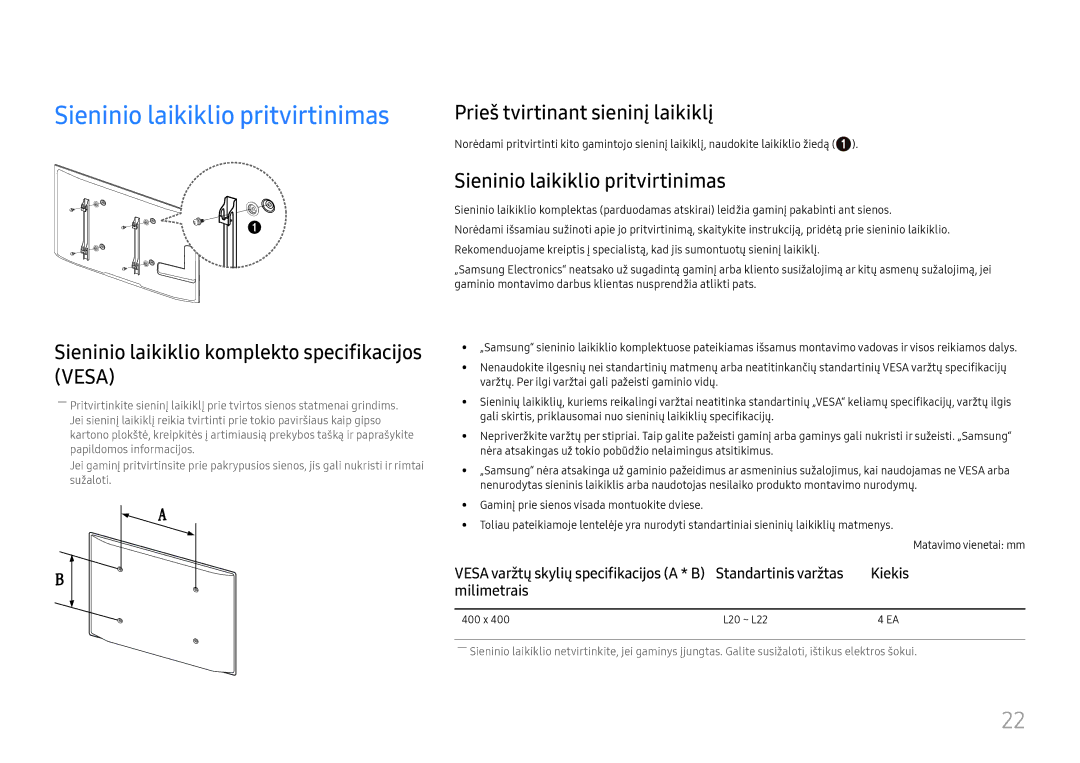 Samsung LH46UHFCLBB/EN manual Sieninio laikiklio pritvirtinimas, Sieninio laikiklio komplekto specifikacijos Vesa 