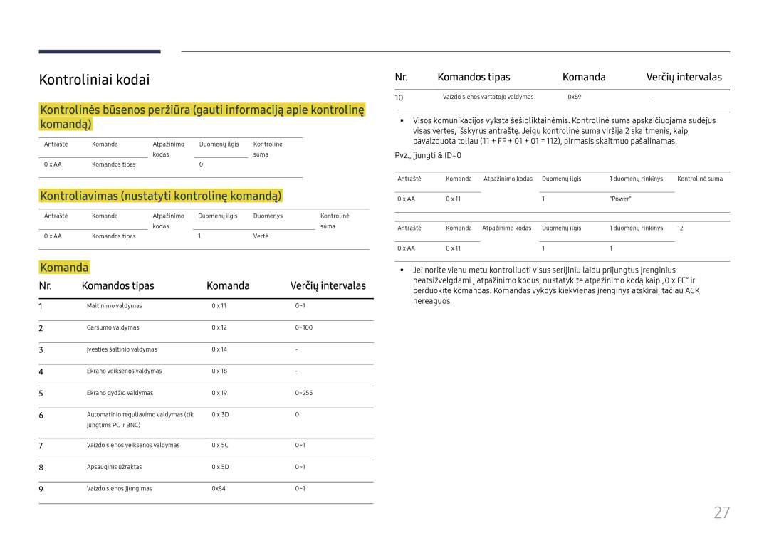 Samsung LH46UHFCLBB/EN manual Kontroliniai kodai, Kontroliavimas nustatyti kontrolinę komandą, Komandos tipas Komanda 