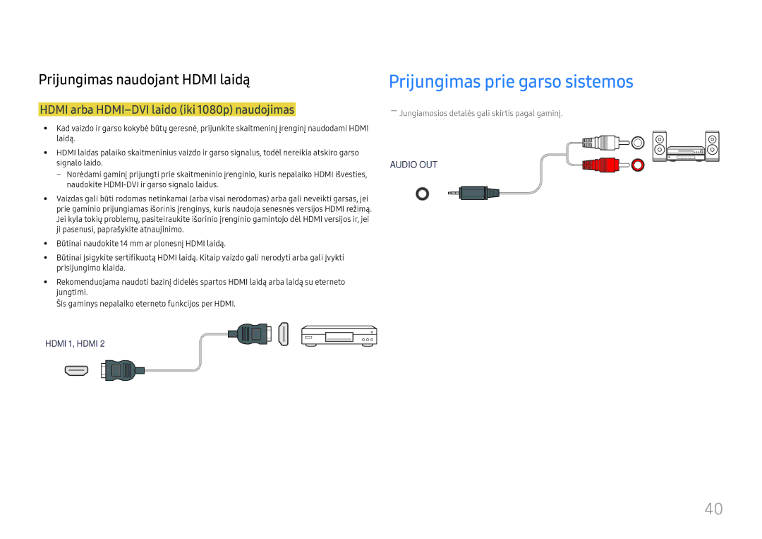 Samsung LH46UHFCLBB/EN manual Prijungimas prie garso sistemos, Hdmi arba HDMI-DVI laido iki 1080p naudojimas 