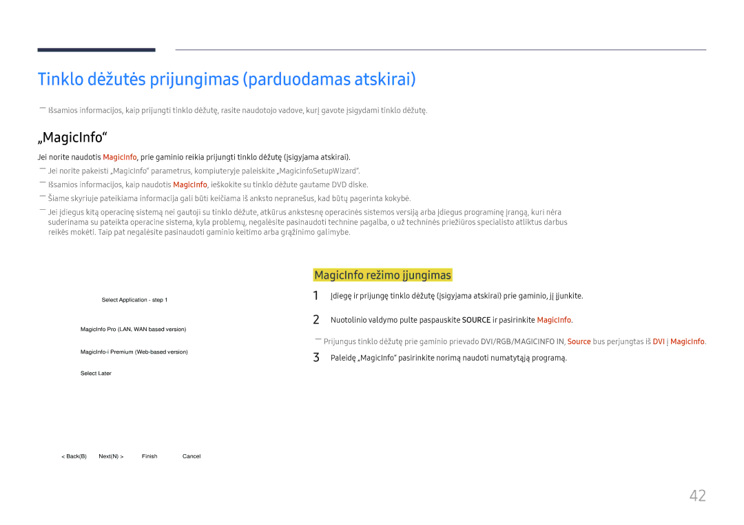 Samsung LH46UHFCLBB/EN manual Tinklo dėžutės prijungimas parduodamas atskirai, „MagicInfo, MagicInfo režimo įjungimas 