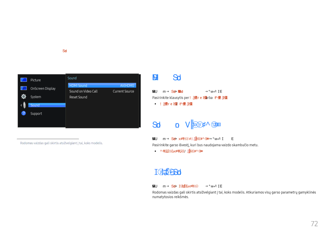 Samsung LH46UHFCLBB/EN manual Garso nustatymas, Hdmi Sound, Sound on Video Call, Reset Sound 