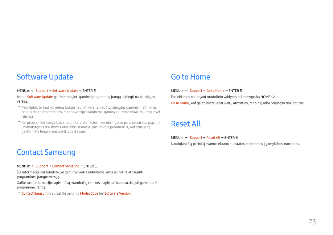 Samsung LH46UHFCLBB/EN manual Palaikymas, Software Update, Contact Samsung, Go to Home, Reset All 