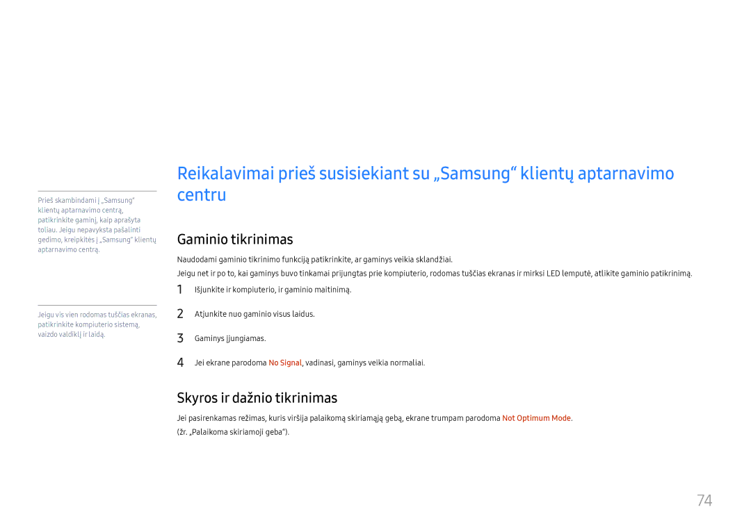 Samsung LH46UHFCLBB/EN manual Gedimų nustatymo ir šalinimo instrukcija, Gaminio tikrinimas, Skyros ir dažnio tikrinimas 