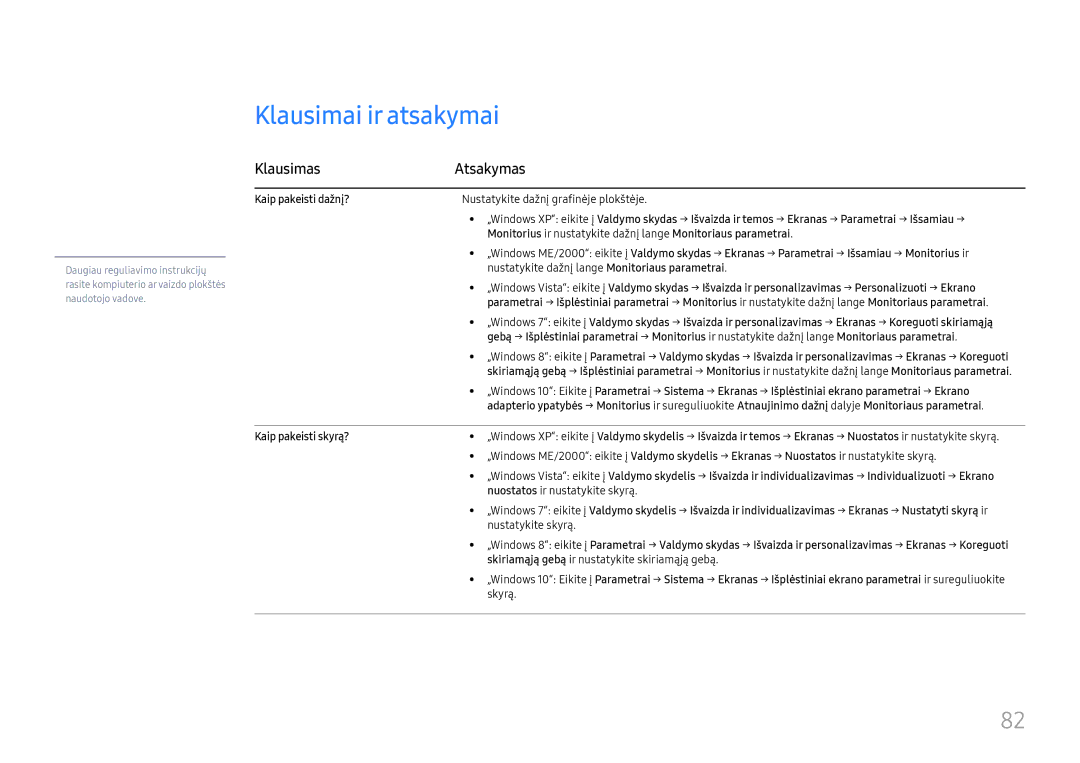 Samsung LH46UHFCLBB/EN manual Klausimai ir atsakymai, Klausimas Atsakymas, Kaip pakeisti dažnį?, Kaip pakeisti skyrą? 