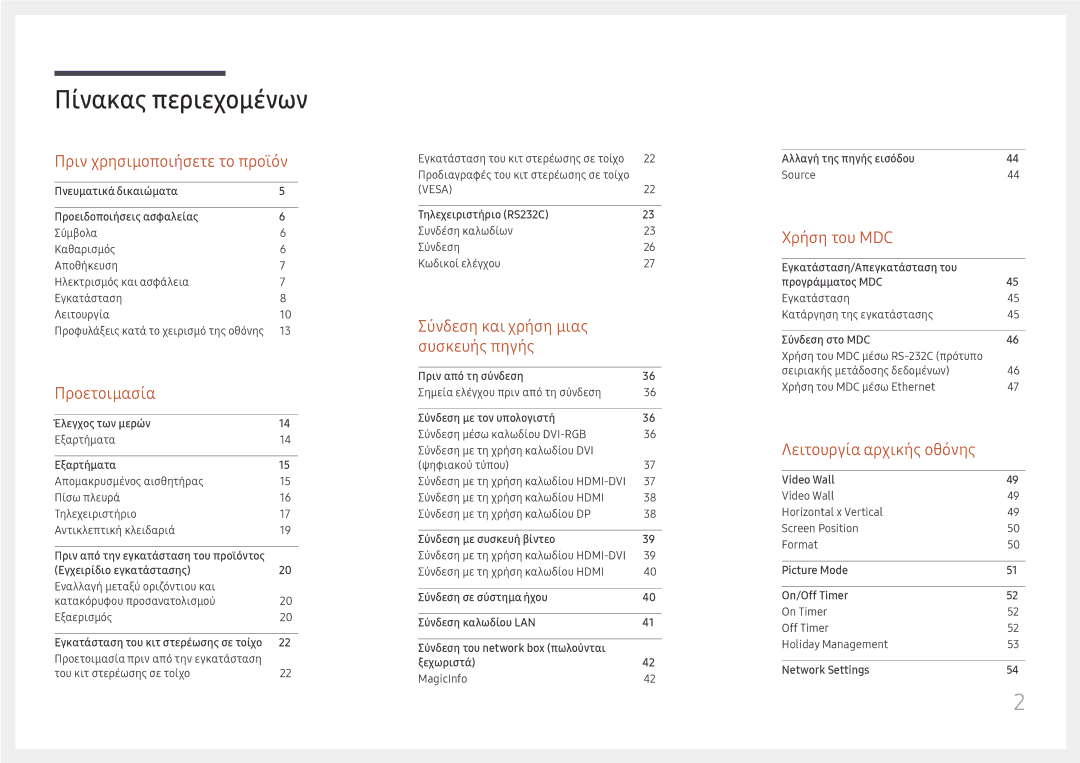 Samsung LH46UHFCLBB/EN manual Πίνακας περιεχομένων 