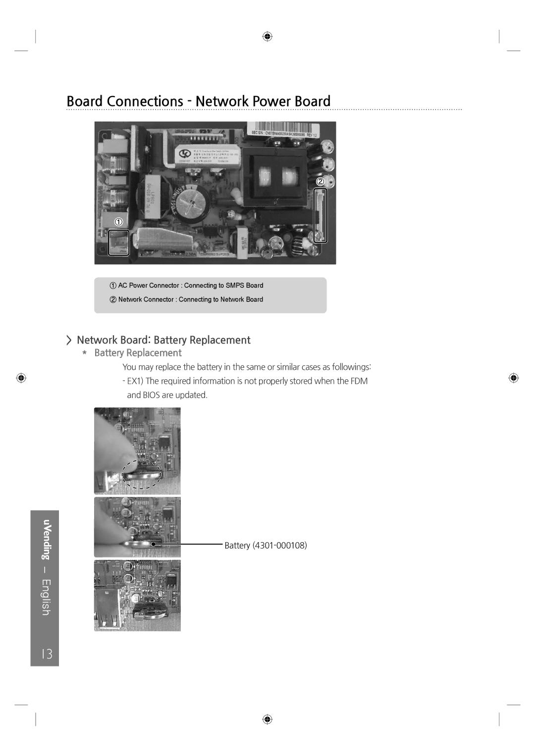 Samsung LH46UTUQBC/EN manual Board Connections Network Power Board, Network Board Battery Replacement 