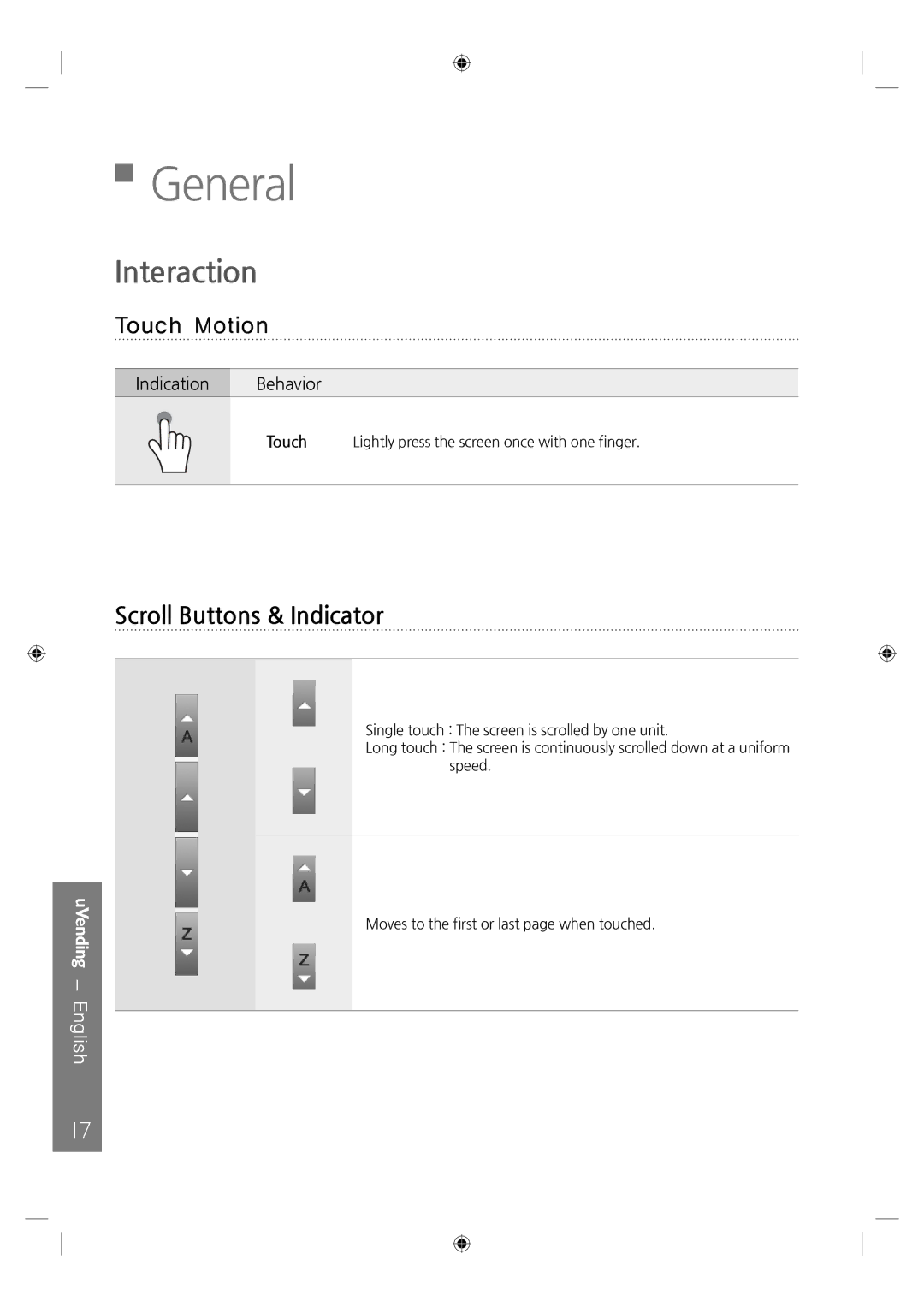 Samsung LH46UTUQBC/EN manual General, Interaction, Scroll Buttons & Indicator 