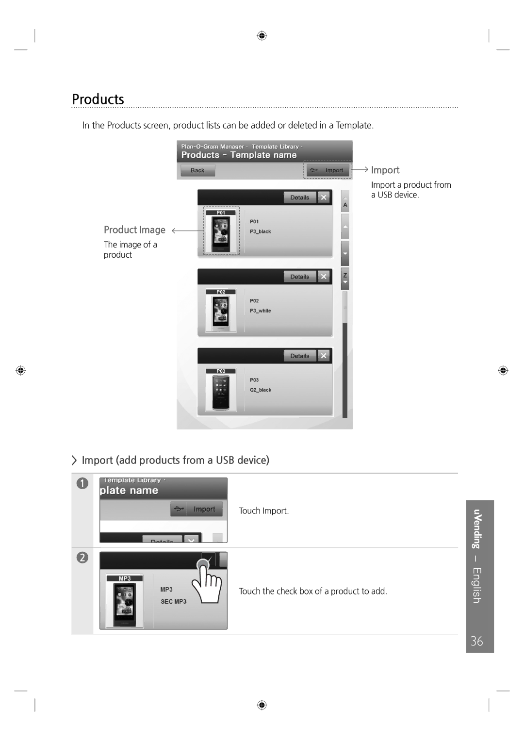 Samsung LH46UTUQBC/EN manual Products, Import add products from a USB device 