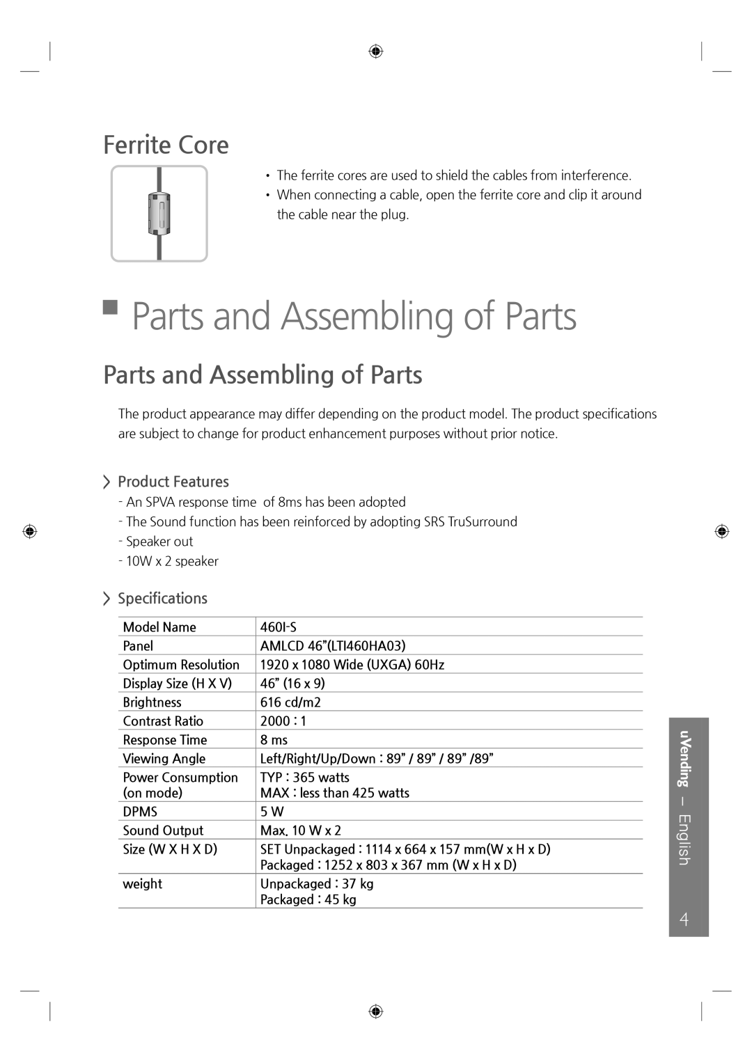 Samsung LH46UTUQBC/EN manual Parts and Assembling of Parts, Ferrite Core, Product Features, Specifications 