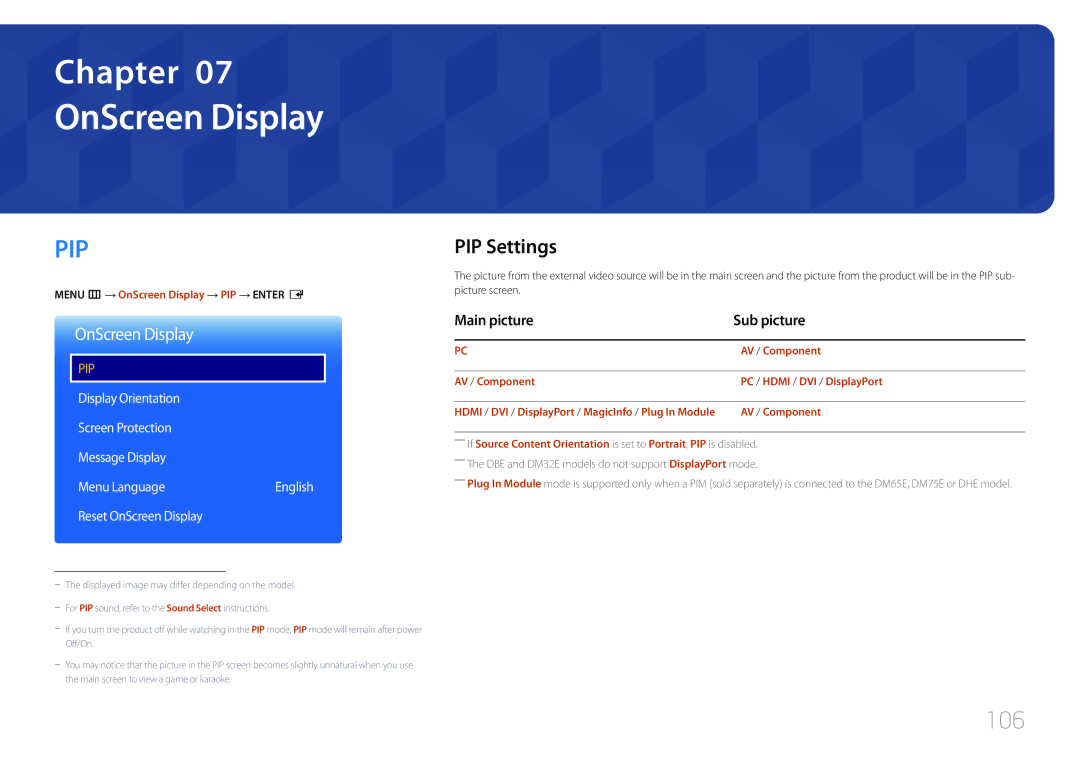 Samsung LH65DMEPLGC/CH, LH48DMEPLGC/EN, LH40DHEPLGC/EN manual OnScreen Display, 106, PIP Settings, Main picture Sub picture 