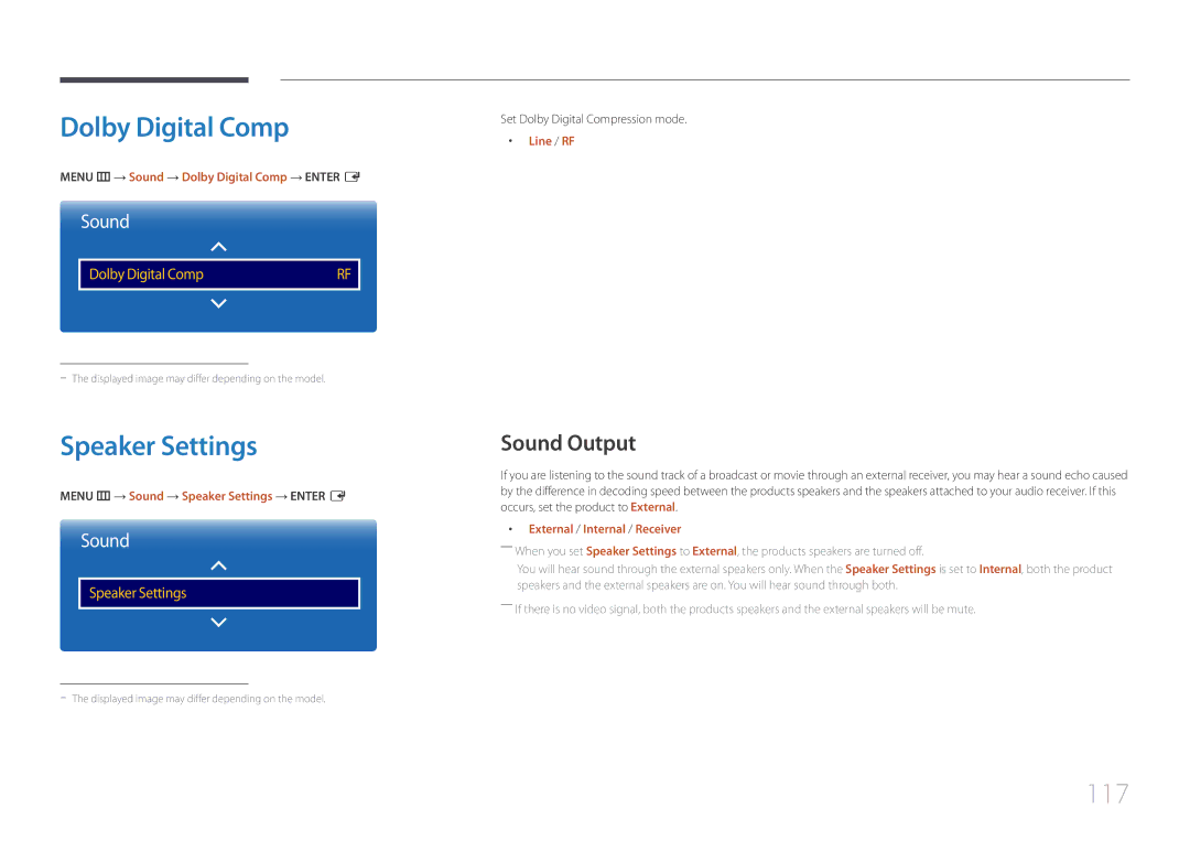 Samsung LH40DHEPLGC/EN, LH48DMEPLGC/EN, LH32DBEPLGC/EN manual Dolby Digital Comp, Speaker Settings, 117, Sound Output 