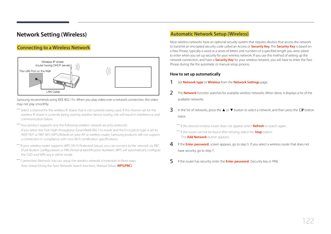 Samsung LH55DHEPLGC/EN 122, Network Setting Wireless, Connecting to a Wireless Network, Automatic Network Setup Wireless 