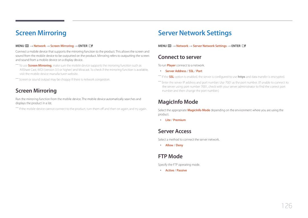 Samsung LH40DBEPLGC/EN, LH48DMEPLGC/EN, LH40DHEPLGC/EN, LH32DBEPLGC/EN manual Screen Mirroring, Server Network Settings, 126 