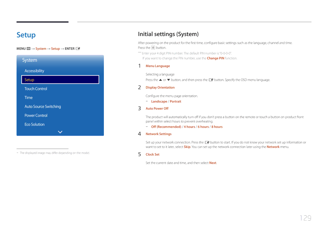 Samsung LH48DBEPLGC/EN, LH48DMEPLGC/EN, LH40DHEPLGC/EN, LH32DBEPLGC/EN Setup, 129, Initial settings System, Accessibility 