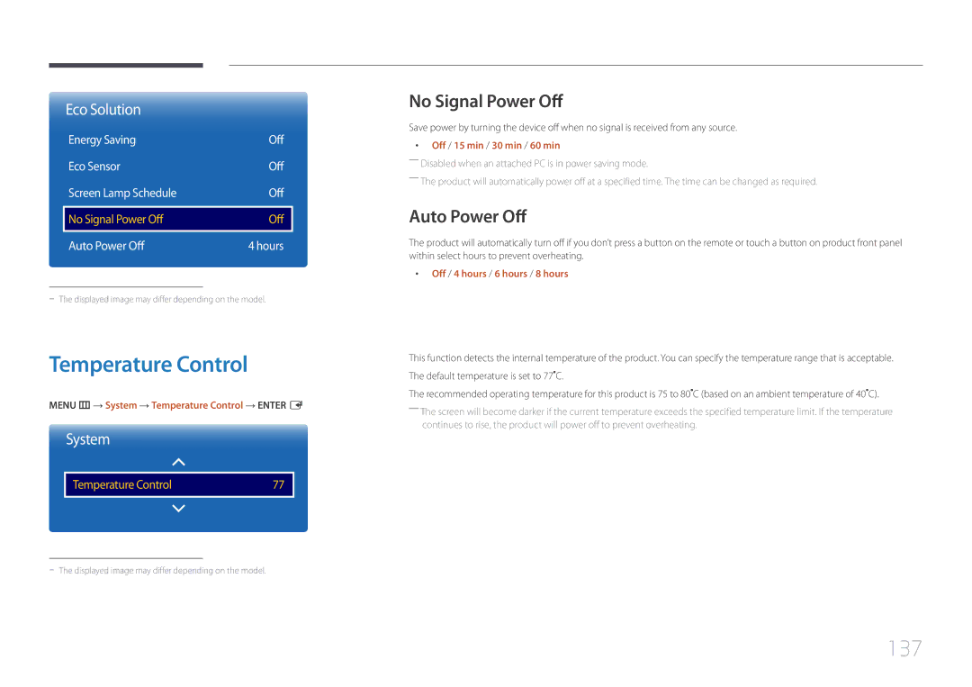 Samsung LH55DMEPLGC/NG, LH48DMEPLGC/EN, LH40DHEPLGC/EN manual Temperature Control, 137, No Signal Power Off, Auto Power Off 