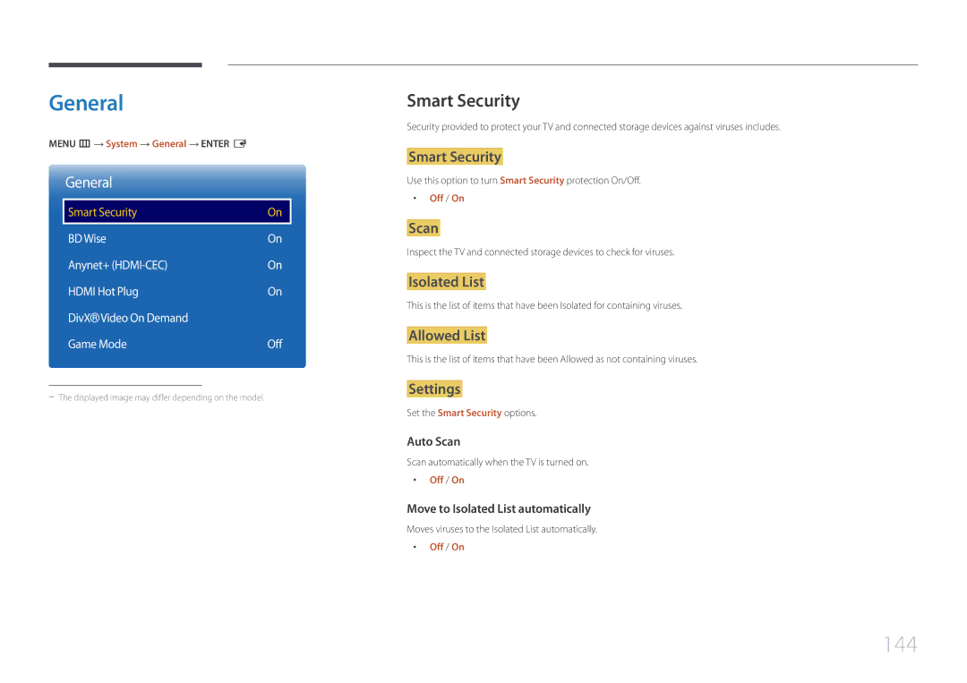 Samsung LH75DMEPLGC/NG, LH48DMEPLGC/EN, LH40DHEPLGC/EN, LH32DBEPLGC/EN, LH55DMEPLGC/EN manual General, 144, Smart Security 