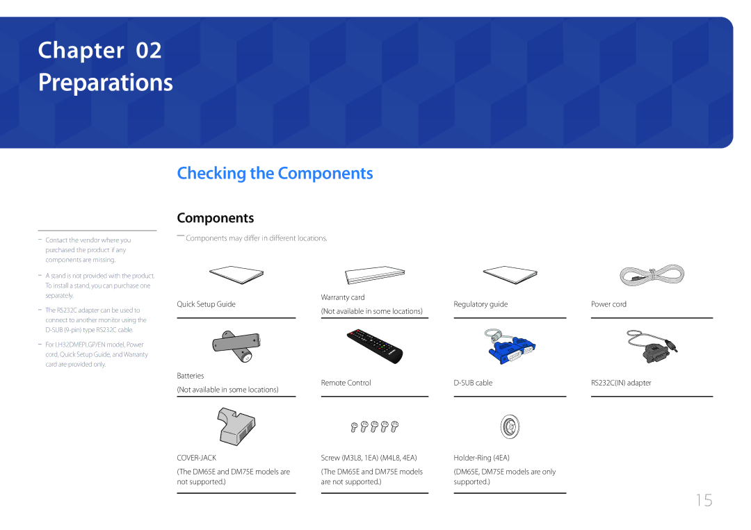 Samsung LH55DMEPLGC/UE Preparations, Checking the Components, Remote Control, Not supported Are not supported Supported 