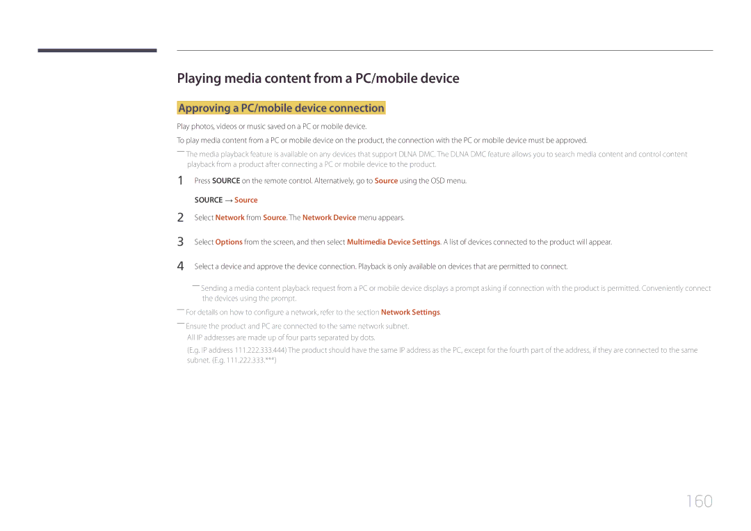 Samsung LH75DMEPLGC/XY manual 160, Playing media content from a PC/mobile device, Approving a PC/mobile device connection 